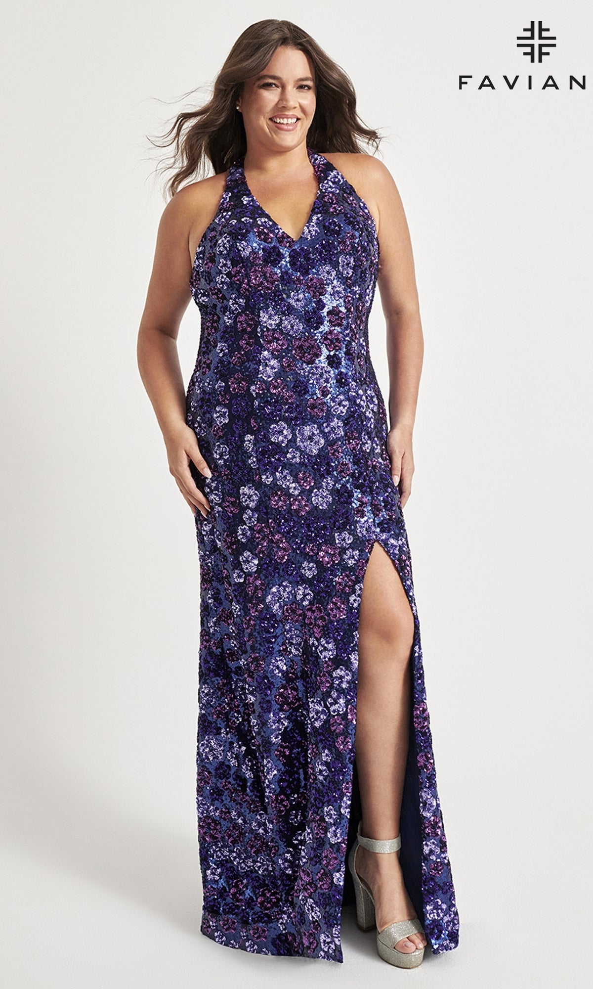 A woman models the Floral-Sequin Plus-Size Prom Dress 9560—a sleeveless, floor-length purple gown with a high slit—against a white background. The Faviana logo is displayed in the top right corner.